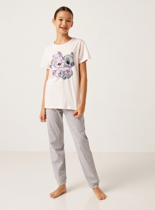 Lilo & Stitch Print Round Neck T-shirt and Full Length Pyjama Set