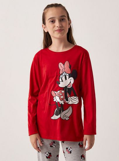 Minnie Mouse Print Long Sleeves T-shirt and Pyjama Set-Nightwear-image-1