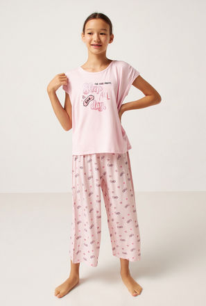 Slogan Print Cap Sleeves T-shirt and Elasticated Culotte Pyjama Set