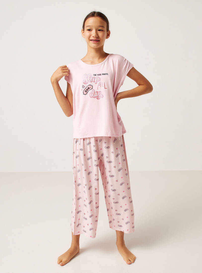 Slogan Print Pyjama Set-Pyjama Sets-image-0