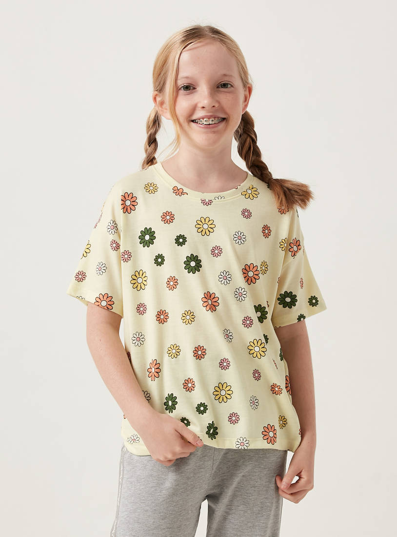 Floral Print Short Sleeves T-shirt and Elasticated Pyjama Set-Pyjama Sets-image-1