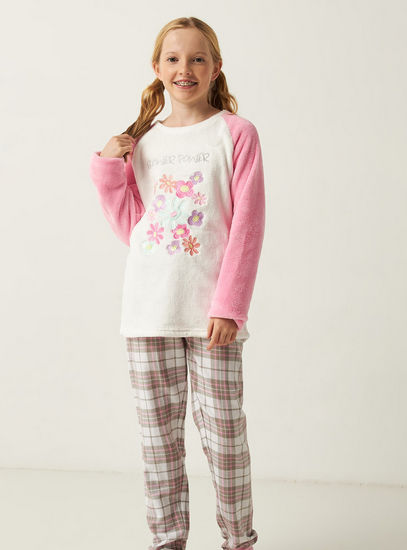 Embroidered Long Sleeve T-shirt and Checked Pyjama Set