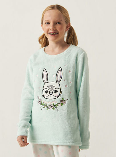 Embroidered Bunny Theme Long Sleeve T-shirt and Pyjama Set
