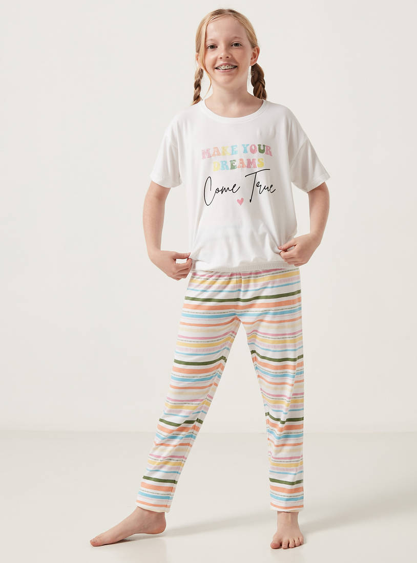 Printed Short Sleeves T-shirt and Striped Pyjama Set-Pyjama Sets-image-0
