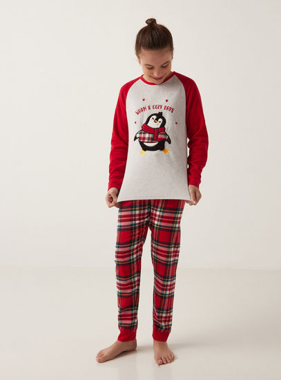 Penguin Embroidered T-shirt and Checked Pyjama Set