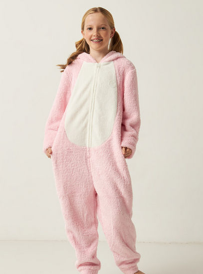 Textured Sleepsuit with Bunny Ear Applique Hood and Long Sleeves