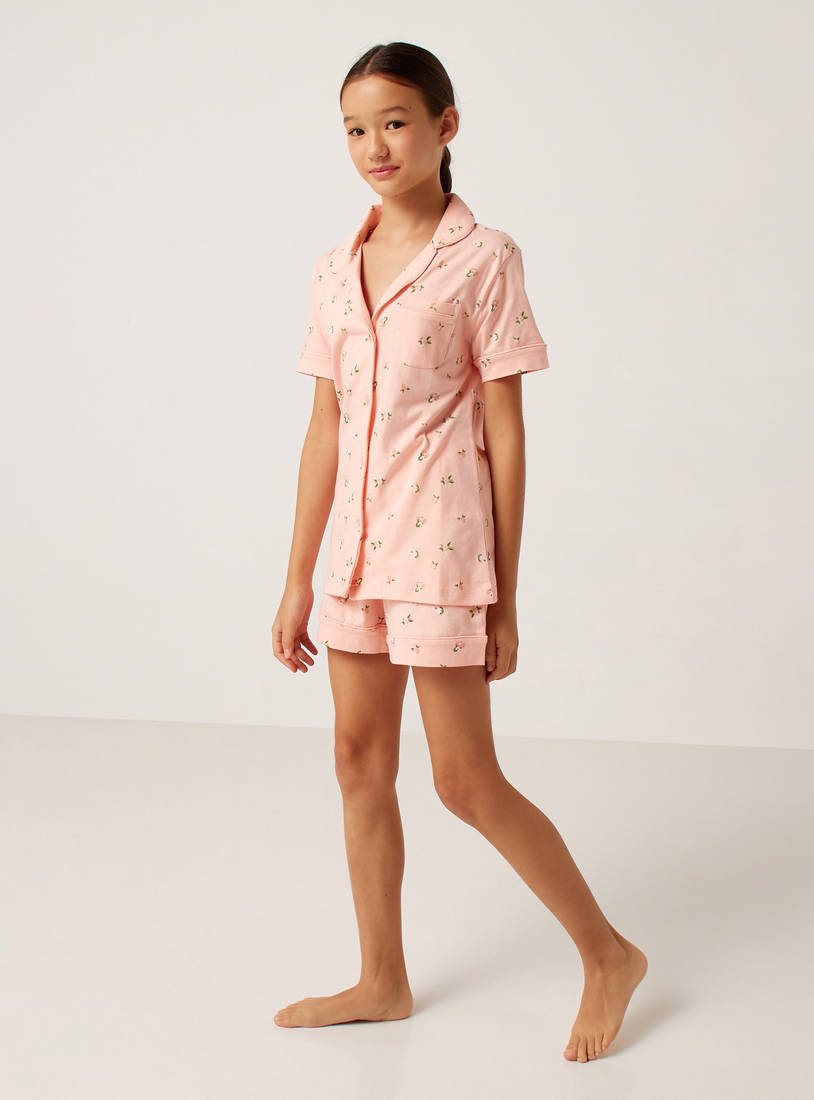 All Over Floral Print Shirt with Notched Collar and Shorts Set-Pyjama Sets-image-0