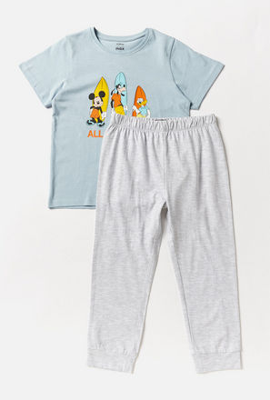 Mickey Mouse Print Round Neck T-shirt and Pyjama Set