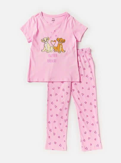 Lion King Print Crew Neck T-shirt and Heart Print Pyjama Set