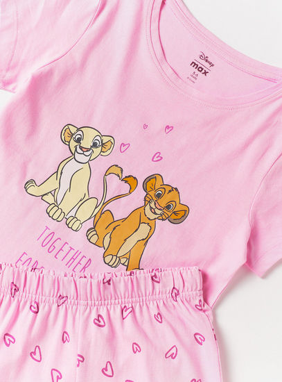 Lion King Print Crew Neck T-shirt and Heart Print Pyjama Set