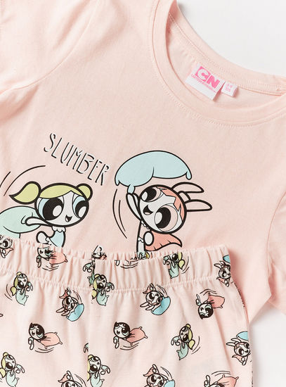 Powerpuff Girls Print Round Neck T-shirt and Full Length Pyjama Set