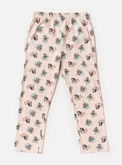 Powerpuff Girls Print Round Neck T-shirt and Full Length Pyjama Set