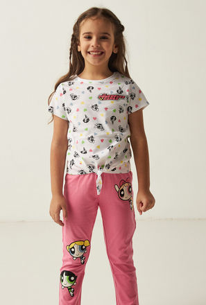 The Powerpuff Girls Print Round Neck T-shirt and Full Length Pyjama Set
