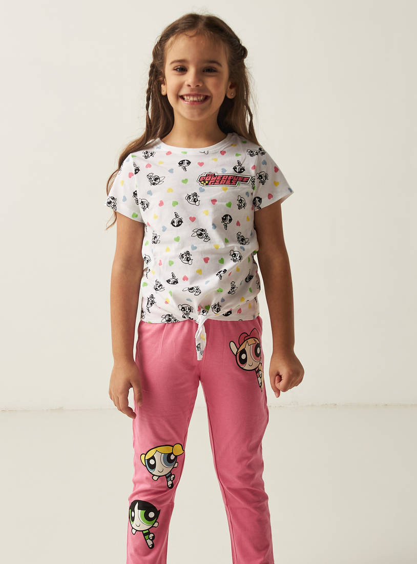 The Powerpuff Girls Print Round Neck T-shirt and Full Length Pyjama Set-Pyjama Sets-image-0