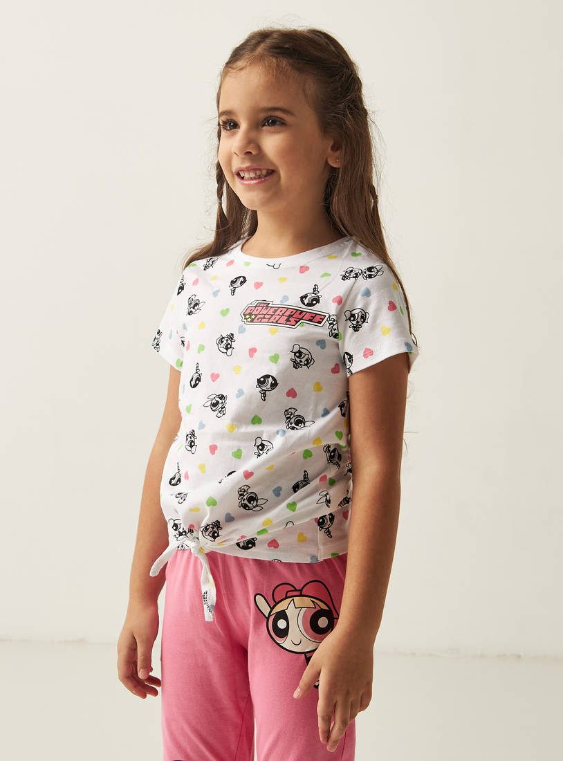 The Powerpuff Girls Print Round Neck T-shirt and Full Length Pyjama Set-Pyjama Sets-image-1