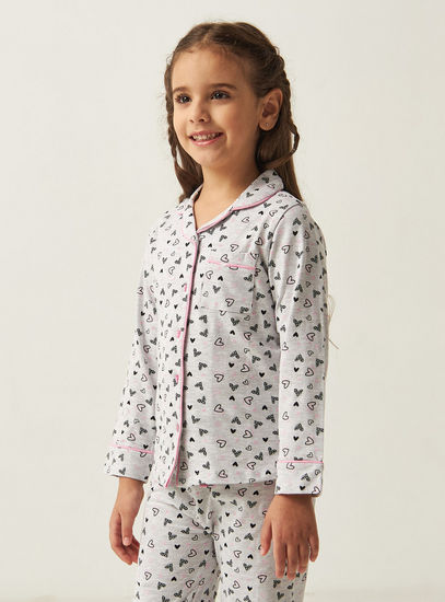 All Over Heart Print Shirt and Full Length Pyjama Set