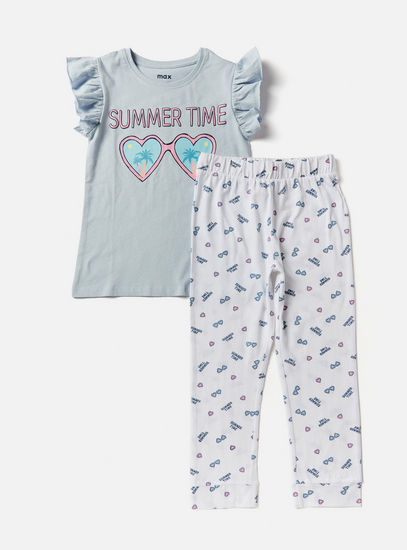 Printed Crew Neck T-shirt and Pyjama Set-Pyjama Sets-image-0
