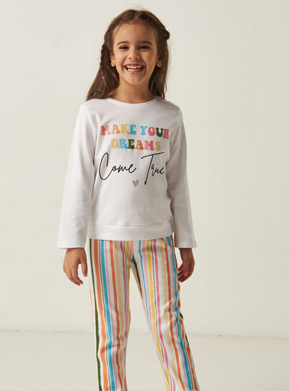 Printed Round Neck T-shirt and Full Length Striped Pyjama Set