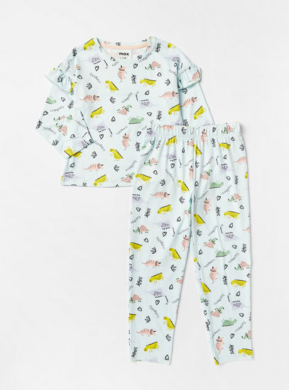 Dinosaur Print Long Sleeves Top and Pyjama Set