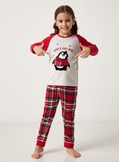 Embroidered Round Neck T-shirt and Checked Pyjama Set