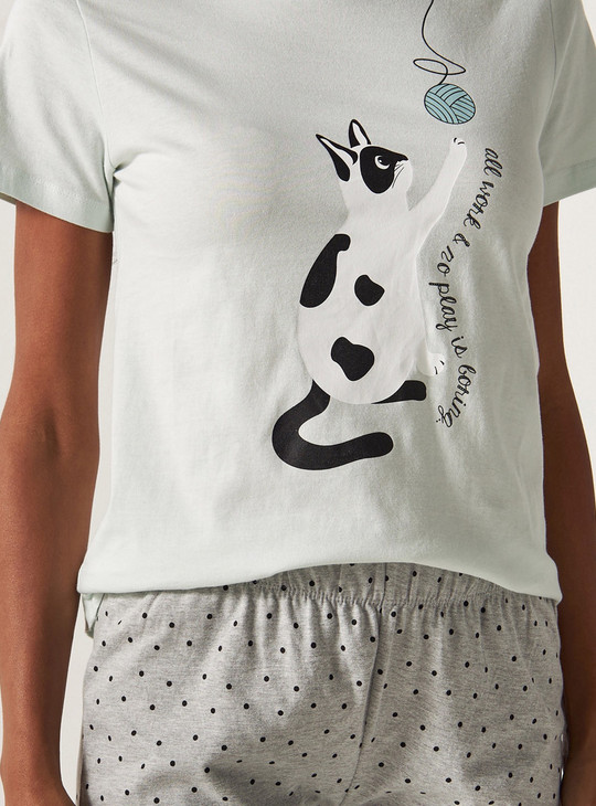 Cat Print BCI Cotton T-shirt and Mid-Rise Pyjama Set