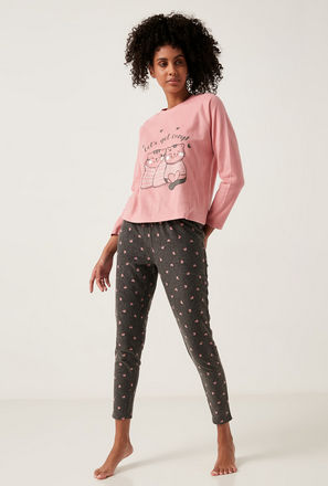 Cat Print Long Sleeves T-shirt and Pyjama Set