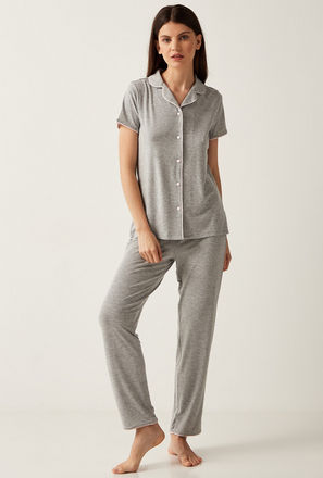 Solid Shirt with Short Sleeves and Full Length Pyjama Set