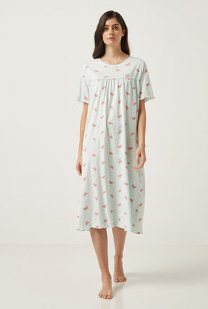 All-Over Melon Print Sleep Gown with Bow Applique and Short Sleeves