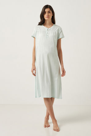 Solid Schiffli Yoke Detail Sleep Gown with Short Sleeves and Button Closure