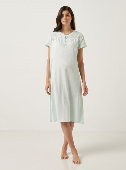 Solid Schiffli Yoke Detail Sleep Gown with Short Sleeves and Button Closure-Sleepshirts & Gowns-image-0