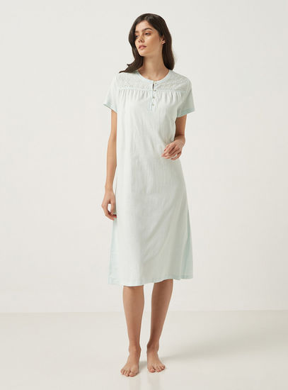 Solid Schiffli Yoke Detail Sleep Gown with Short Sleeves and Button Closure-Sleepshirts & Gowns-image-1