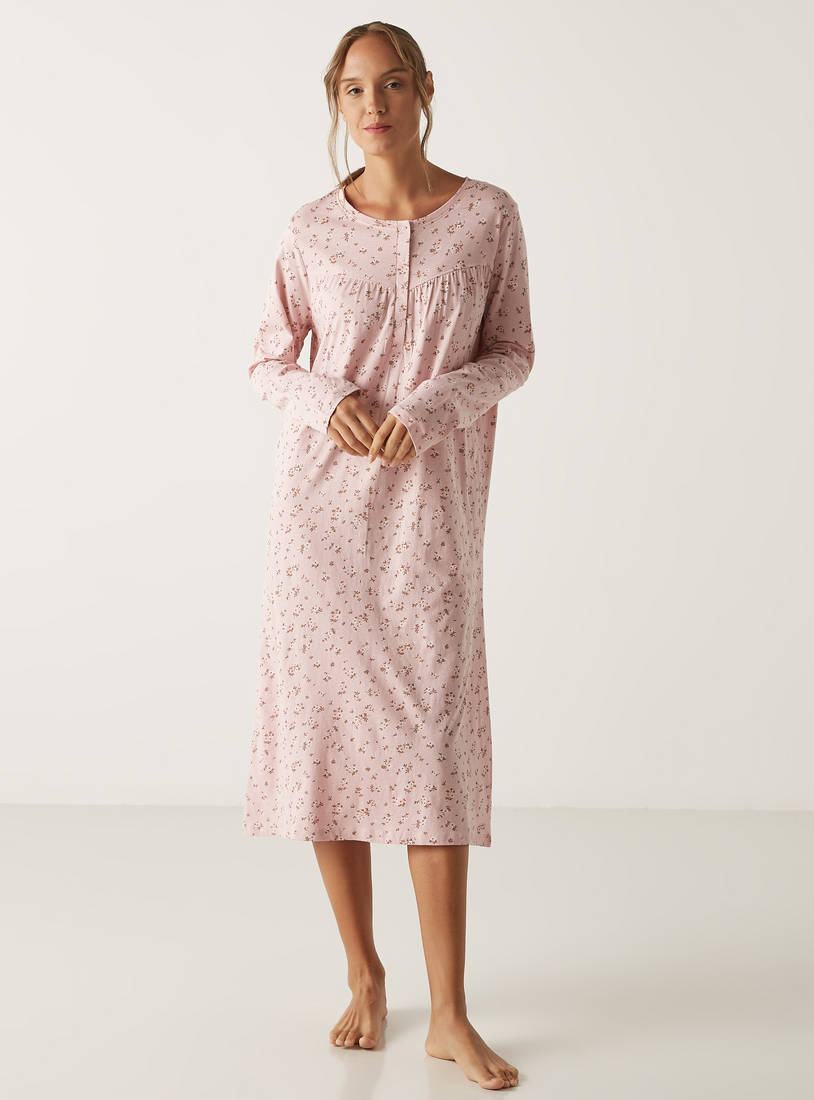 Floral Print Night Gown with Long Sleeves-Sleepshirts & Gowns-image-0