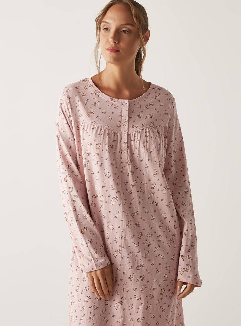 Floral Print Night Gown with Long Sleeves-Sleepshirts & Gowns-image-1