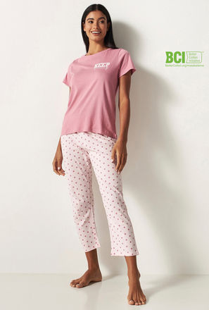 Printed Round Neck T-shirt and Full Length Pyjama Set