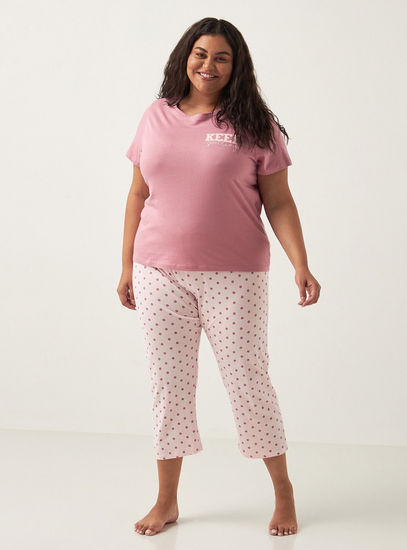 Printed Round Neck T-shirt and Full Length Pyjama Set