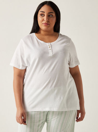 Solid Henley Neck T-shirt and Striped Pyjama Set