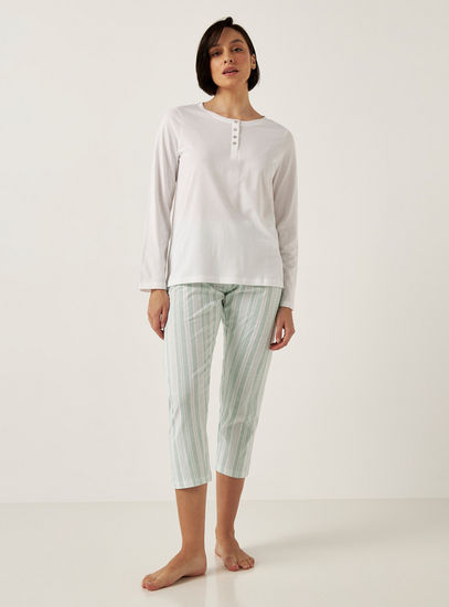 Solid Henley Neck T-shirt and Striped Pyjama Set