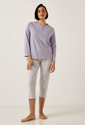 Solid Henley Neck T-shirt and Printed Pyjama Set