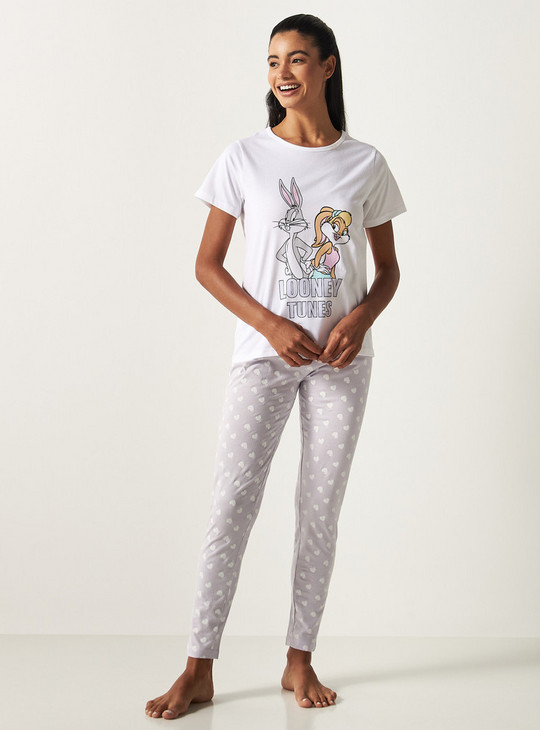 Looney Tunes Print Round Neck T-shirt and Full Length Pyjama Set