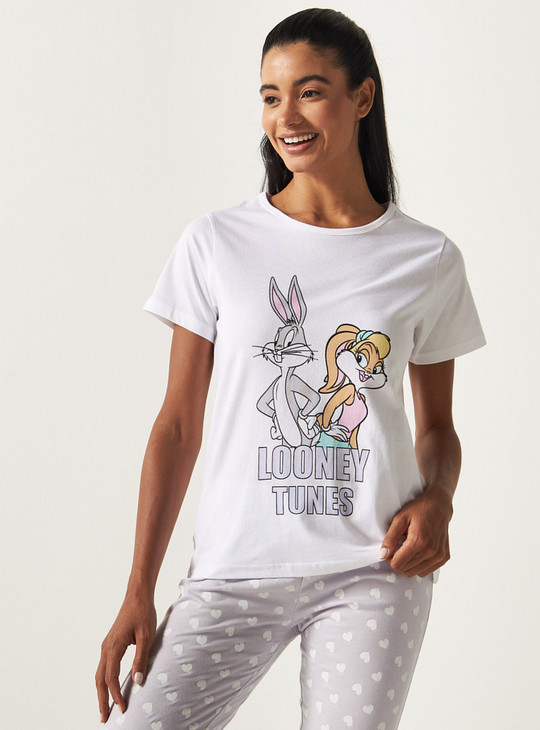 Looney Tunes Print Round Neck T-shirt and Full Length Pyjama Set