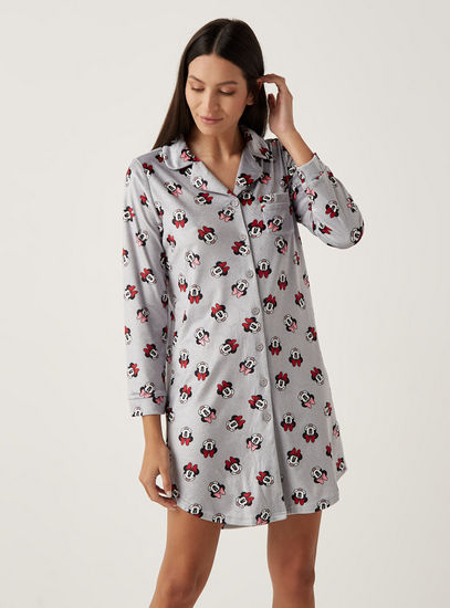 All Over Minnie Mouse Print Sleepshirt with Notch Lapel and Chest Pocket