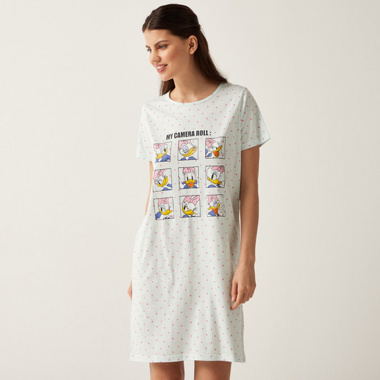 Daisy Duck Print Round Neck Sleepshirt with Short Sleeves