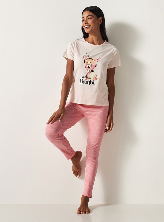 Bambi Print Round Neck T-shirt and Elasticated Pyjama Set