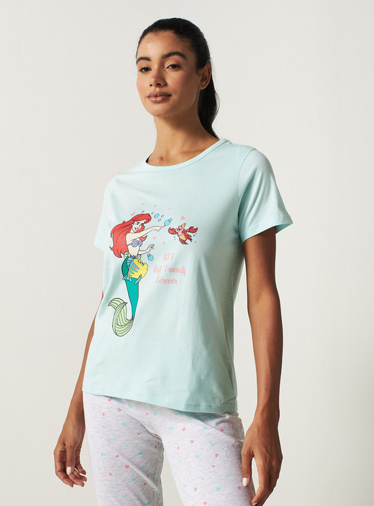 The Little Mermaid Print Round Neck T-shirt and Mid-Rise Pyjama Set