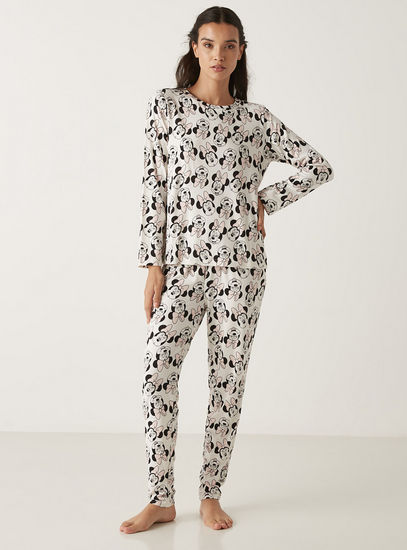 All Over Minnie Mouse Print T-shirt and Pyjama Set-Pyjama Sets-image-0
