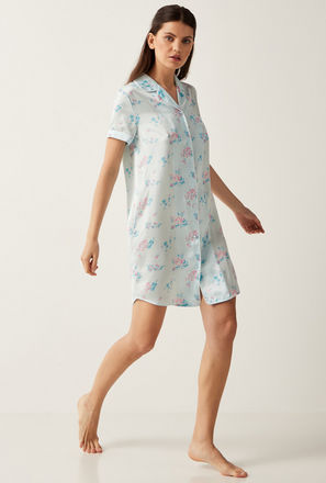 All Over Floral Print Sleepshirt with Short Sleeves and Notched Collar