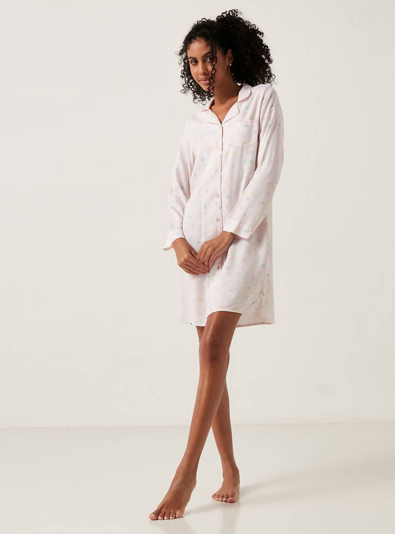 Printed Sleepshirt with Long Sleeves and Pocket-Sleepshirts & Gowns-image-0