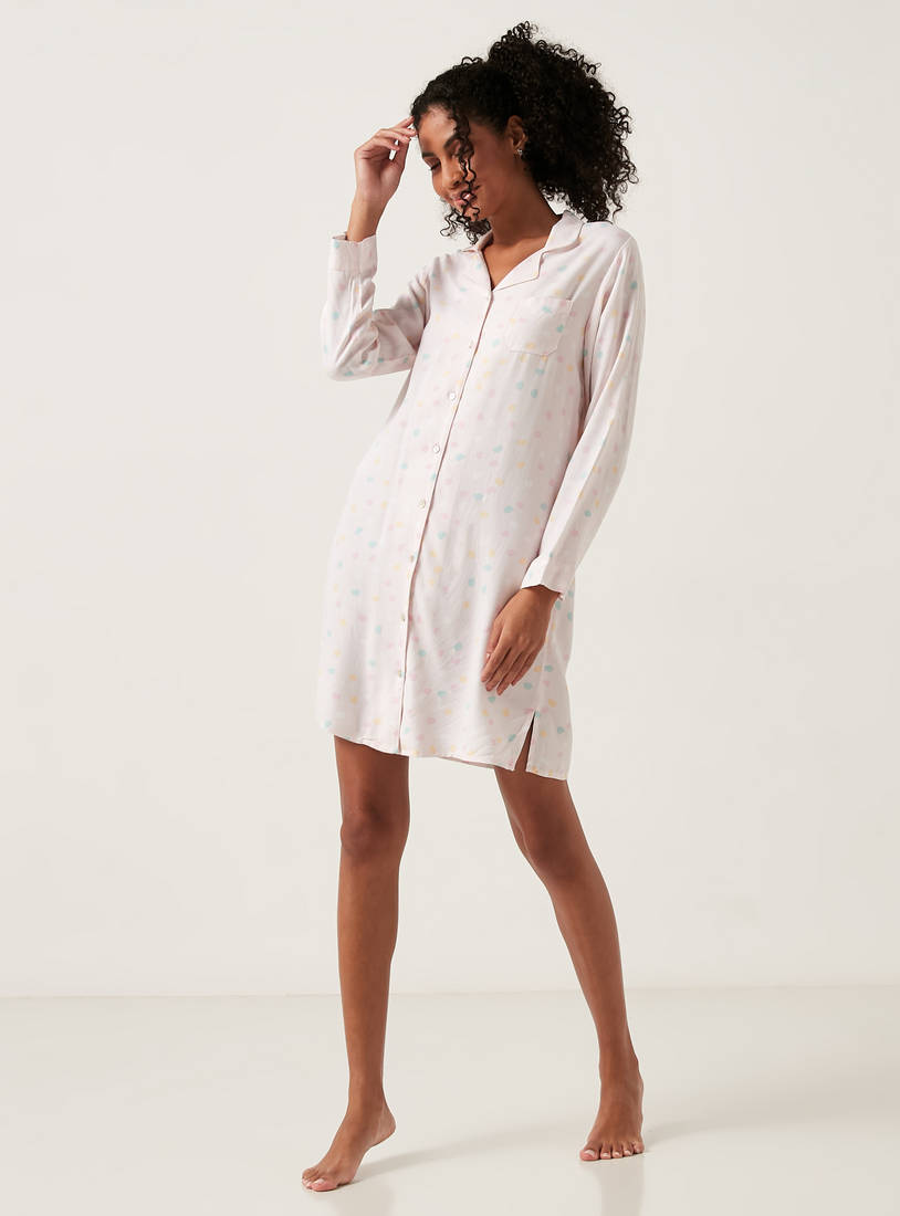 Printed Sleepshirt with Long Sleeves and Pocket-Sleepshirts & Gowns-image-1
