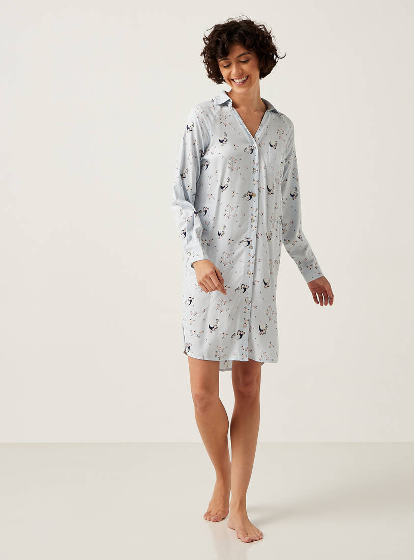 All Over Print Sleep Shirt with Collar and Long Sleeves-Sleepshirts & Gowns-image-0