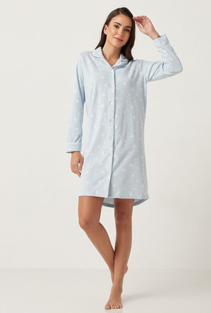 Star Print Sleepshirt with Camp Collar and Long Sleeves